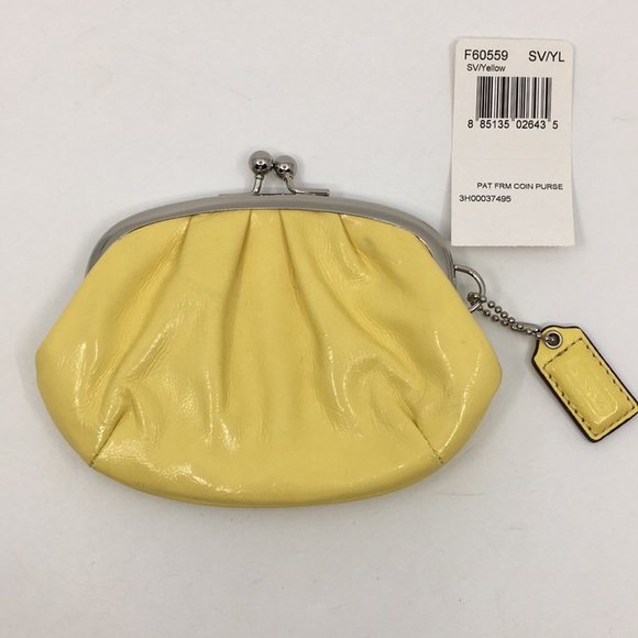 Coach Patent Leather Frame Kisslock Coin Purse Yellow & Silver Wallet - Picture 1 of 16